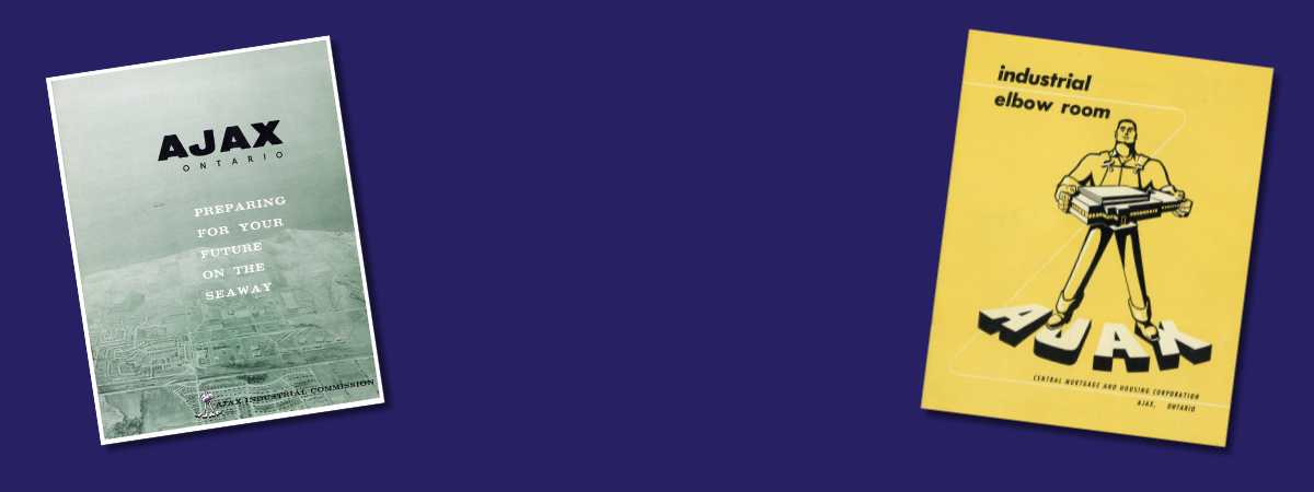 Dark purple background with two covers of brochures about Ajax from the 1950s.