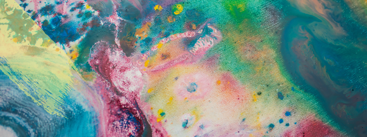 A painted background with pinks, yellows, blues, and greens.
