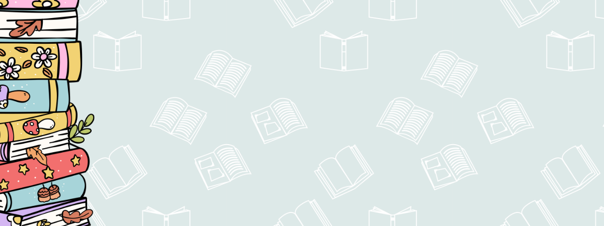 An illustration of a stack of books on the left with a background pattern of white books.