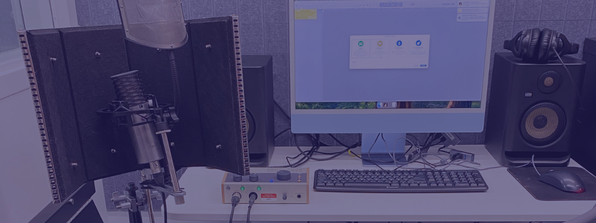 Podcast equipment on a table in the Makerspace at McLean Branch.
