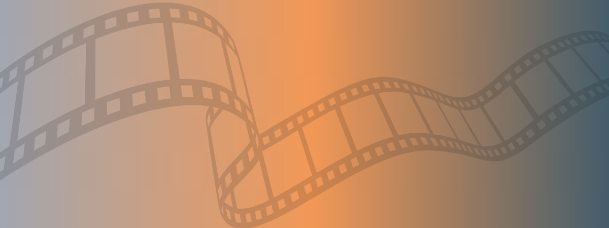A blue and orange gradient background with a light grey film strip.