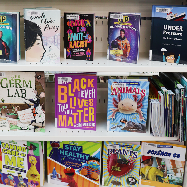 Books on library shelf.