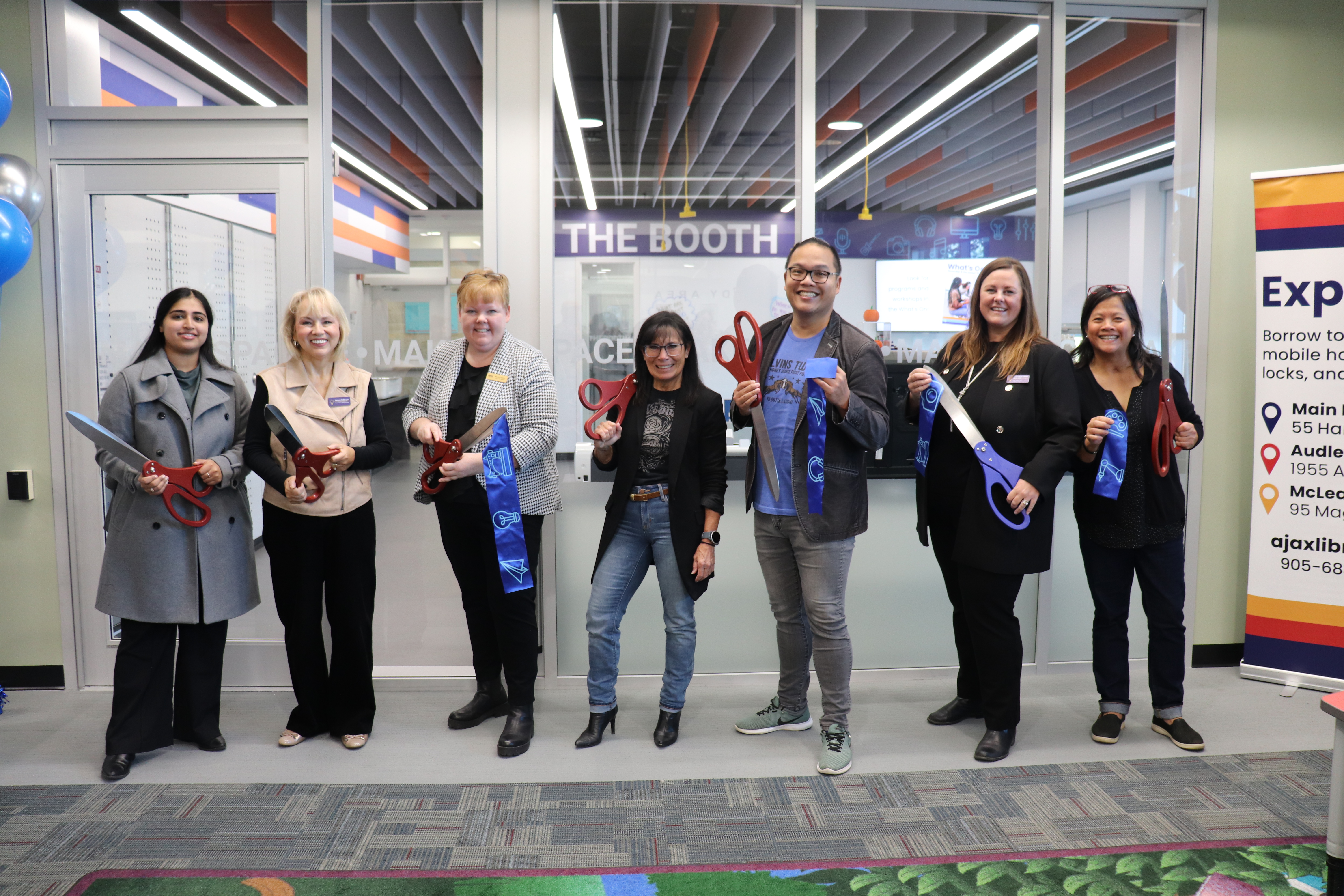 Local dignitaries at the ribbon cutting for the Library makerspace, October 28, 2023.