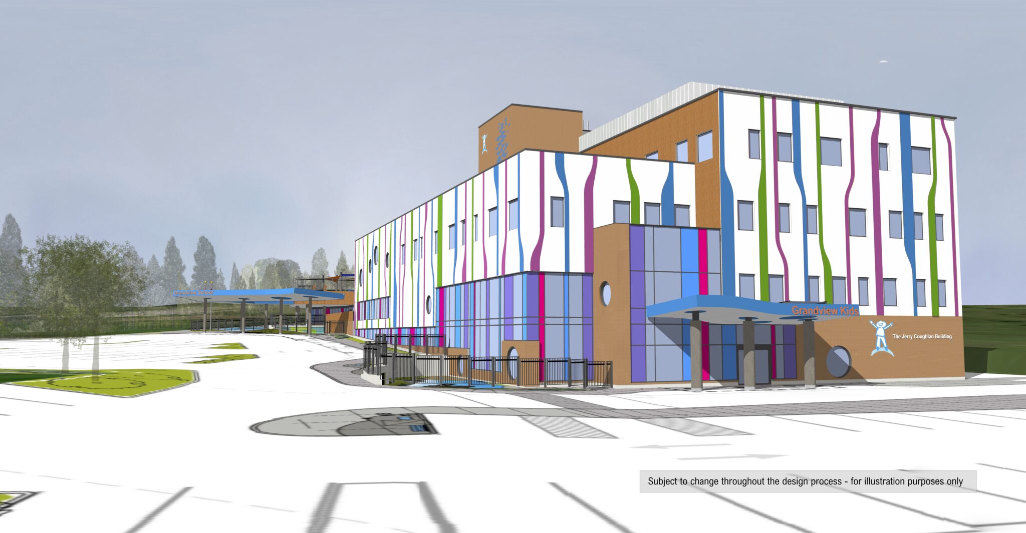 Rendered image of the exterior of the new Grandview kids building