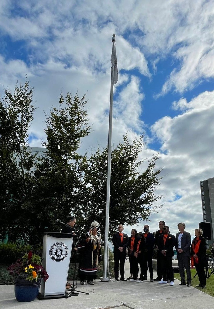 Ajax Council at flag raising for Mississaugas of Scugog Island First Nation, 2021.