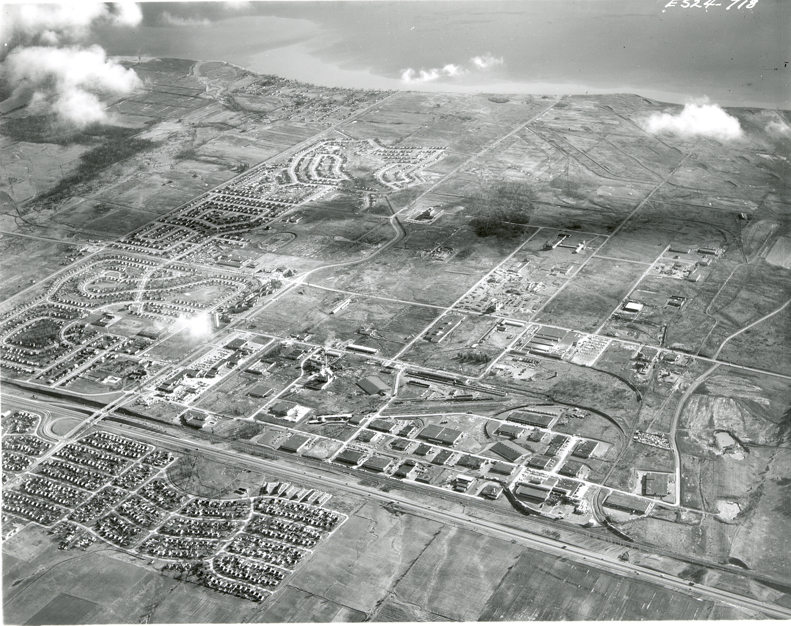 A black and white photo of an aerial view of South Ajax in 1966.