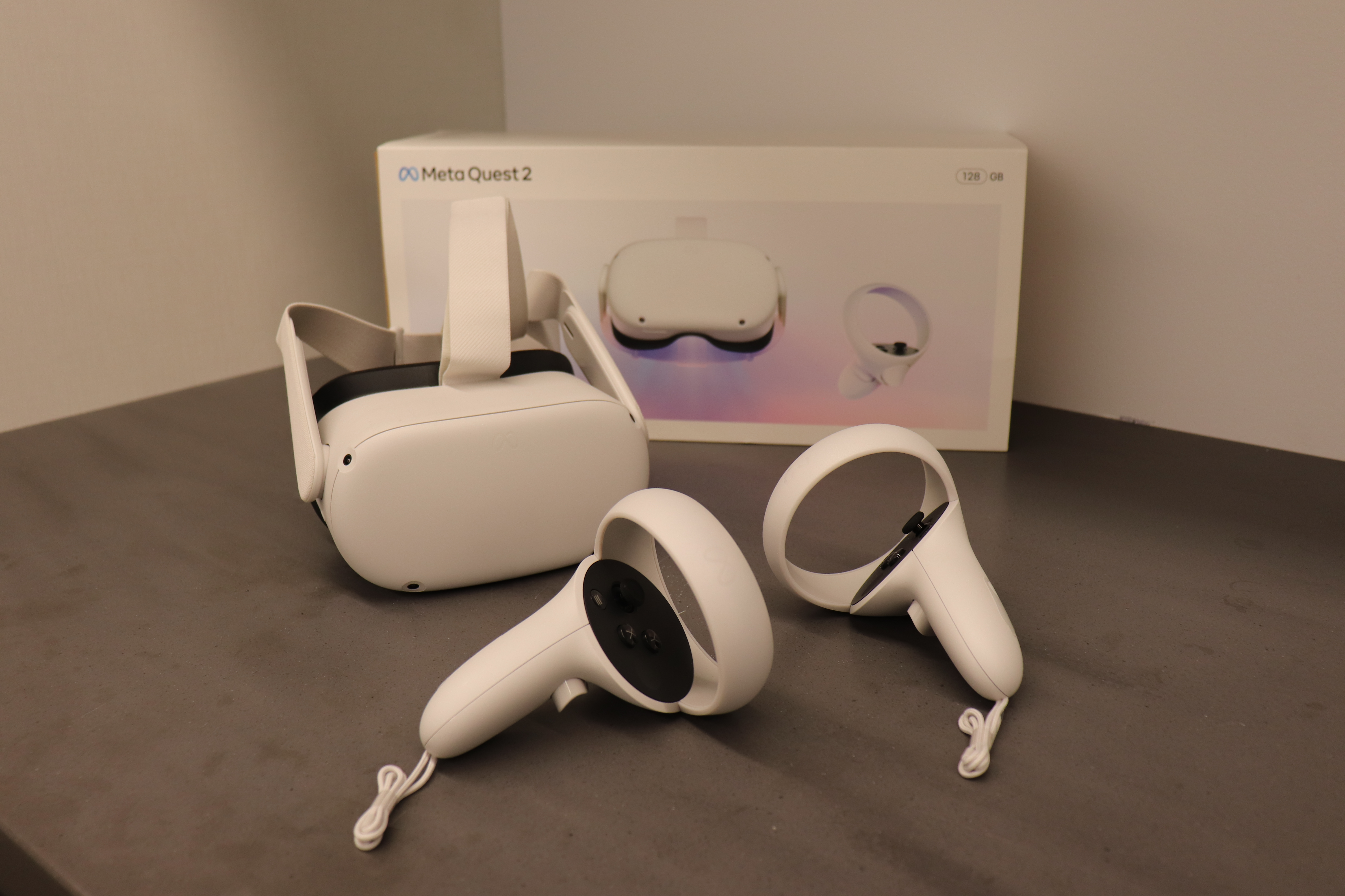 Meta Quest 2 VR headset and controllers. 