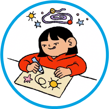 A girl drawing a space scene from her imagination. 