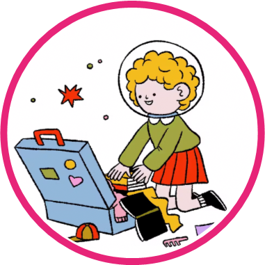 A girl packing a suitcase wearing a space helmet.