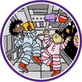 Artwork of two teens wearing space suits. They are floating in a spaceship.