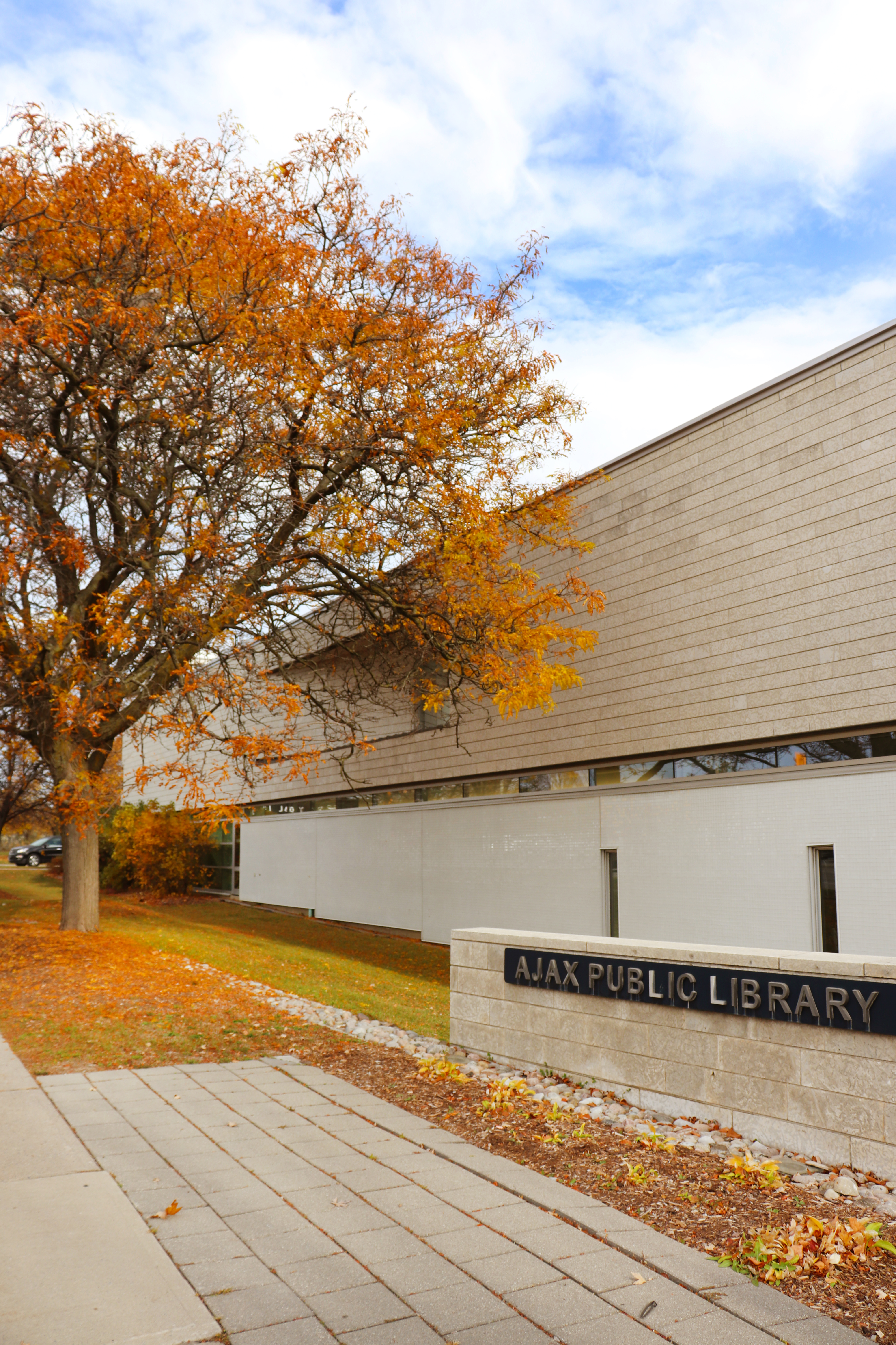 Main Branch viewed from Harwood Avenue, during fall.