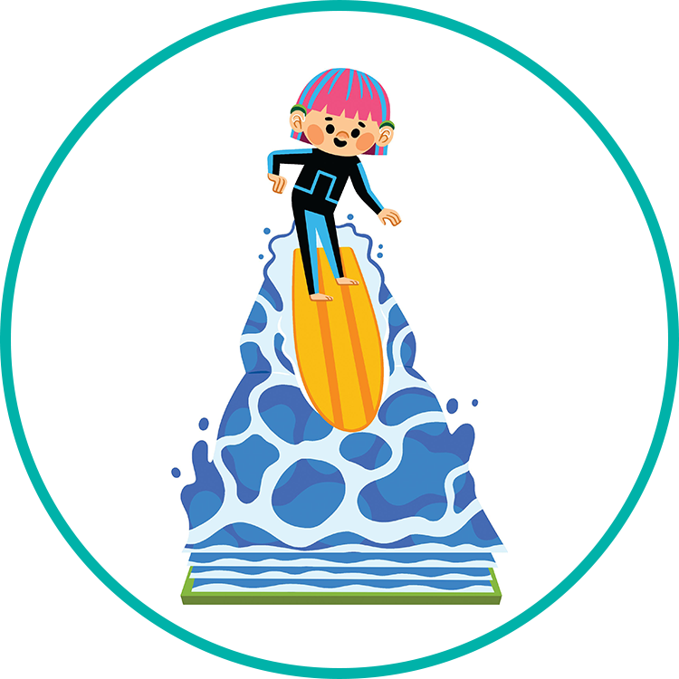 A cartoon drawing of a girl on a surfboard with a round teal border.