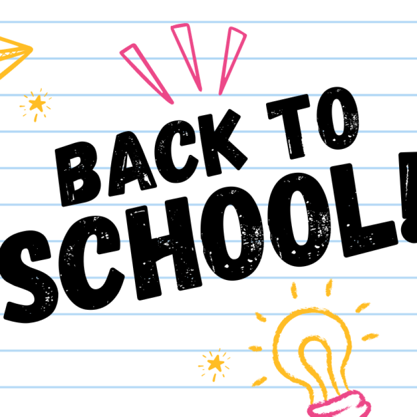 A graphic with a lined paper background with pink, blue, and yellow doodles on the page. There is black text that says Back to School!