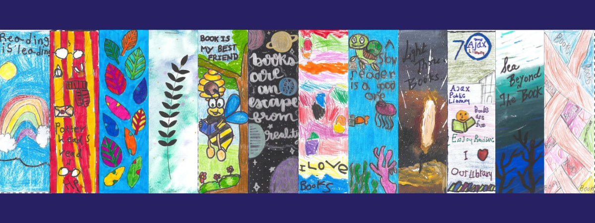 The 12 winning bookmark designs on a dark purple background. The bookmarks are colourful and drawn and painted by children in Kindergarten to Grade 8.