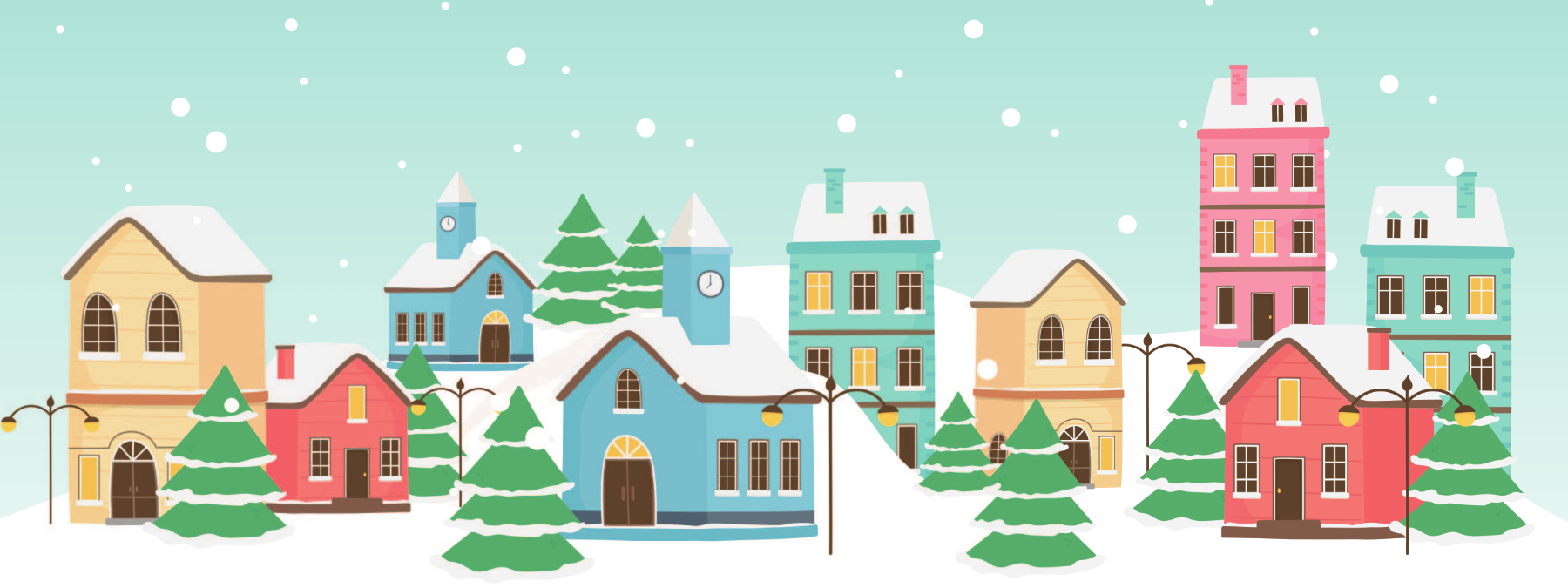 A snowy winter village scene with brightly coloured buildings and pine trees.