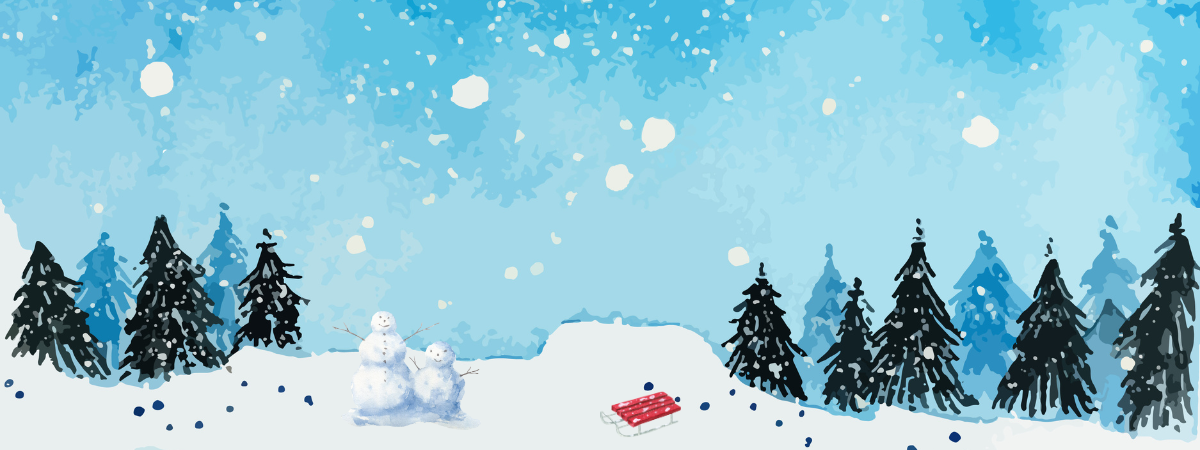 A blue and white snowy winter scene with dark green pine trees, a red sled, and snow people.