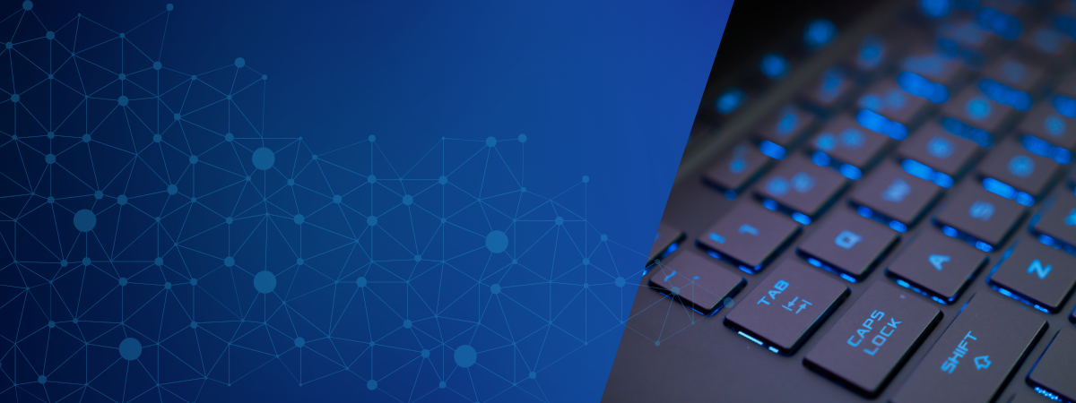 Dark blue and black gradient background with a black computer keyboard.