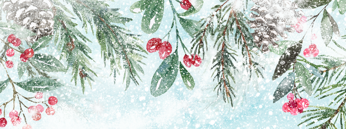 Green and red holly surrounded by snowflakes.