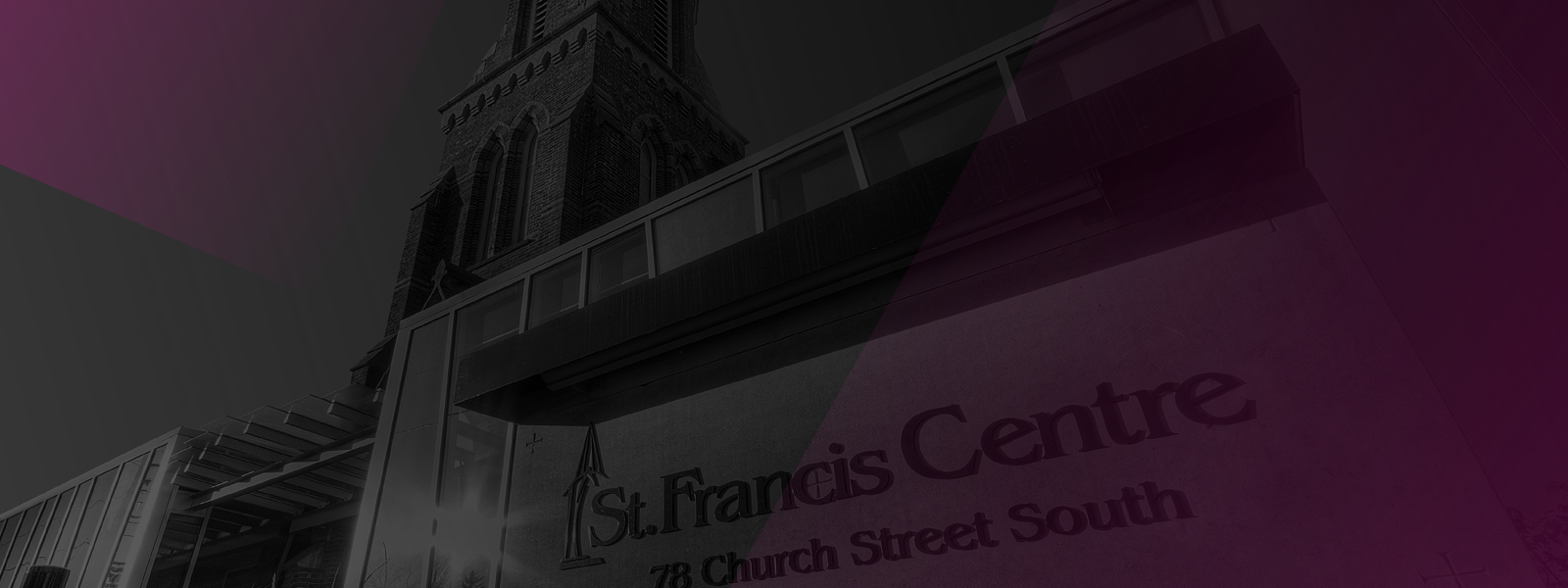 A black and white image of the St. Francis Centre in Ajax.