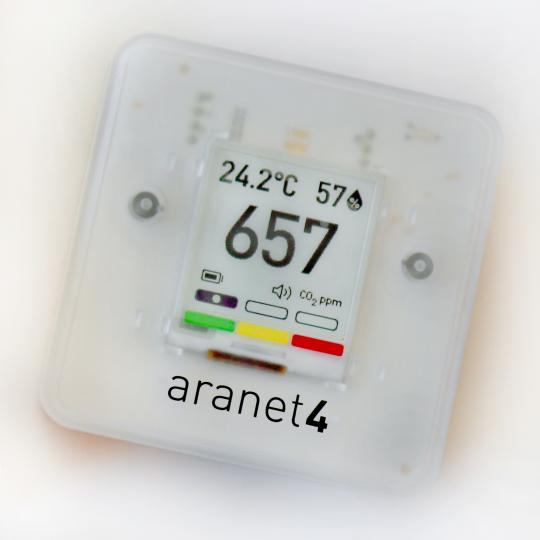 An Aranet4 carbon dioxide and indoor air quality monitor. 
