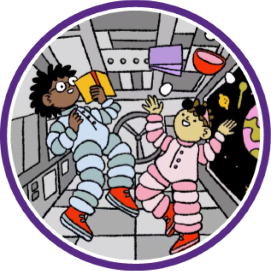 Artwork of two teens wearing space suits. They are floating in a spaceship.