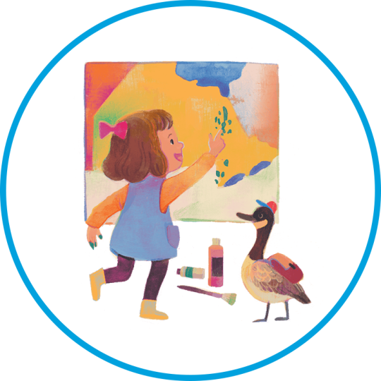 An illustration of a child painting with a Canadian goose.