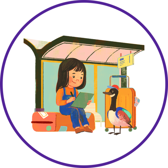 An illustration of a child and a Canadian goose sitting at a bus stop together.