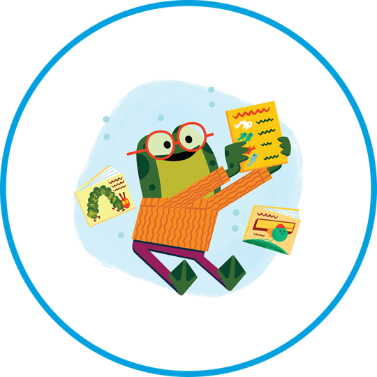 A cartoon drawing of a frog with glasses reading a book with a round blue border.