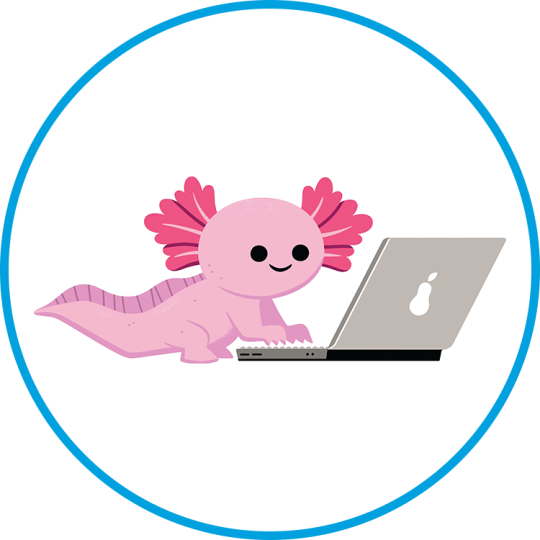 A cartoon drawing of an axolotl looking at a laptop with a round blue border.