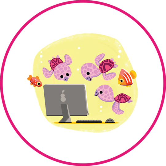 A cartoon drawing of three small turtles and two fish looking at a computer together underwater with a round pink border.